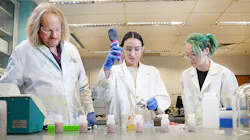 Bruce Applegate, professor of food science, works with Keyshla Narvaez, graduate student in food science, and Kal Holder, undergraduate student in biological sciences, to develop a faster testing method for pathogenic E. coli in beef.