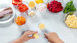 'Cooking process on the kitchen table with ingredients for borscht (beet soup with meat)' 'Cooking process on the kitchen table with ingredients for borscht (beet soup with meat)'