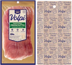 With paper on the back, Volpi Foods’ Eco-Pack uses 80% less plastic than the typical package for pre-sliced charcuterie meats. With paper on the back, Volpi Foods’ Eco-Pack uses 80% less plastic than the typical package for pre-sliced charcuterie meats.