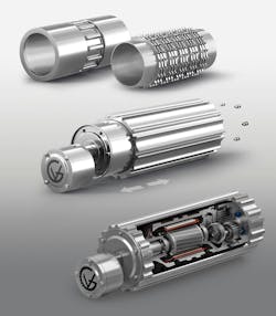 Van der Graaf’s SSV Series Drum Motors drive modular, wire mesh and monolithic thermoplastic conveyor belts without the use of sprockets. Adding the XP sleeve allows the same drum motor to drive different types of modular conveyor belts by swapping out the sleeve to match the belt’s profile. Van der Graaf’s SSV Series Drum Motors drive modular, wire mesh and monolithic thermoplastic conveyor belts without the use of sprockets. Adding the XP sleeve allows the same drum motor to drive different types of modular conveyor belts by swapping out the sleeve to match the belt’s profile.