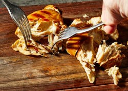 A closeup of Good Meat's chicken shows its realistic texture. A closeup of Good Meat's chicken shows its realistic texture.