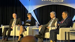 Jim Jones (FDA), Sandra Eskin (USDA-FSIS), Rob Tauxe (CDC) and Steve Mandernach (AFDO) address the audience during the Town Hall panel during the Food Safety Summit in Rosemont, Ill., Thursday, May 9, 2024. Jim Jones (FDA), Sandra Eskin (USDA-FSIS), Rob Tauxe (CDC) and Steve Mandernach (AFDO) address the audience during the Town Hall panel during the Food Safety Summit in Rosemont, Ill., Thursday, May 9, 2024.