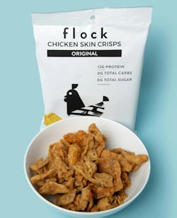 Flock Chicken Skin Crisps Original lists its ingredients as “Chicken skins, oil, salt.” Flock Chicken Skin Crisps Original lists its ingredients as “Chicken skins, oil, salt.”