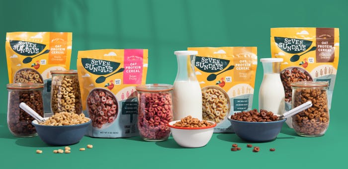 Upcycled oat protein and upcycled non-GMO corn headline the ingredient statement of Seven Sundays&rsquo; Oat Protein Cereal.