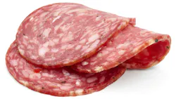 Italian Salami sausage slices, isolated on white background Italian Salami sausage slices, isolated on white background