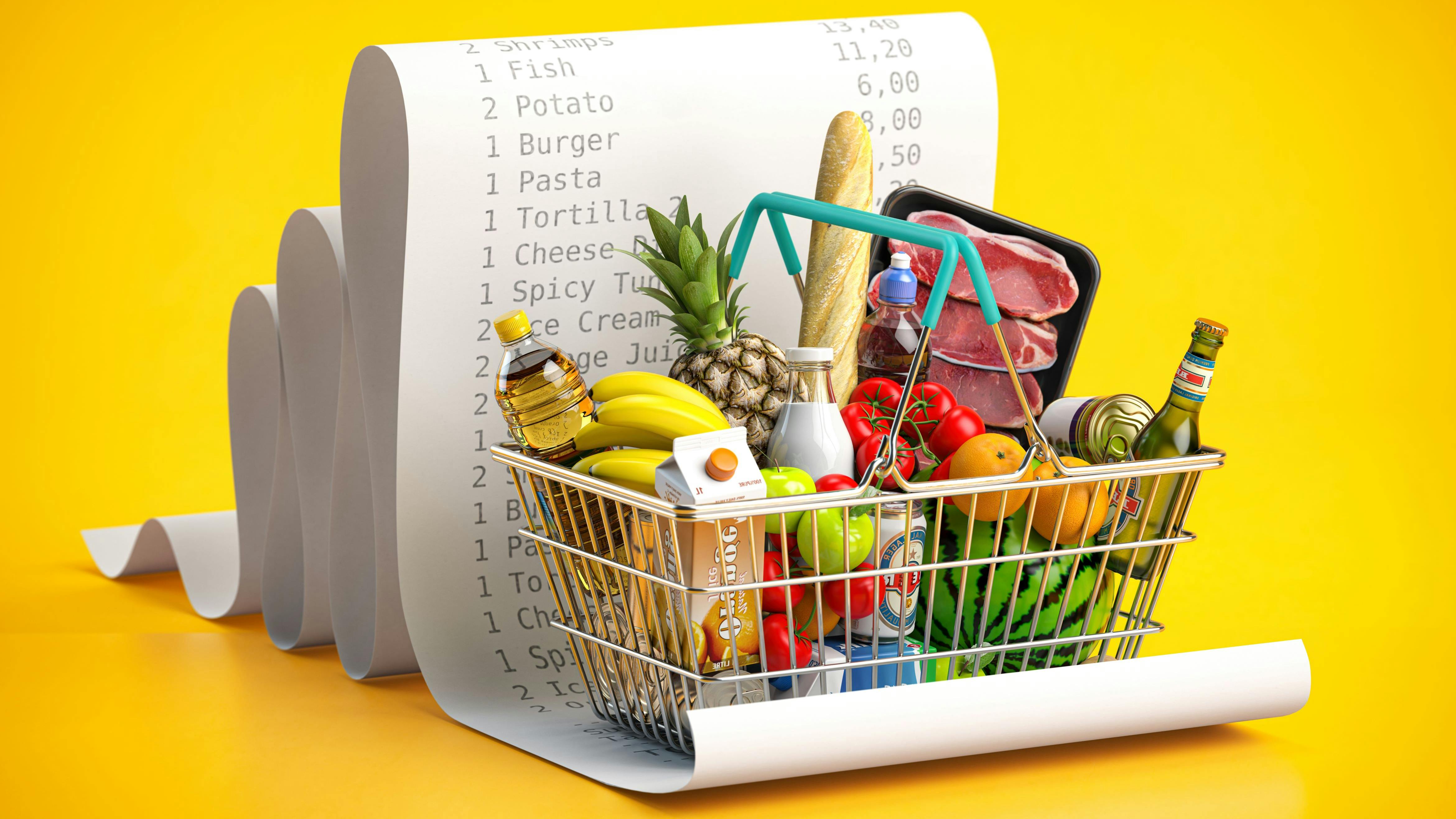 Shopping basket with foods on receipt. Grocery expenses budget, inflation and consumerism concept. 3d illustration