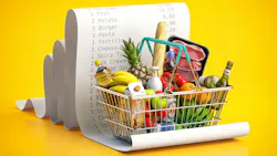 Shopping basket with foods on receipt. Grocery expenses budget, inflation and consumerism concept. 3d illustration Shopping basket with foods on receipt. Grocery expenses budget, inflation and consumerism concept. 3d illustration