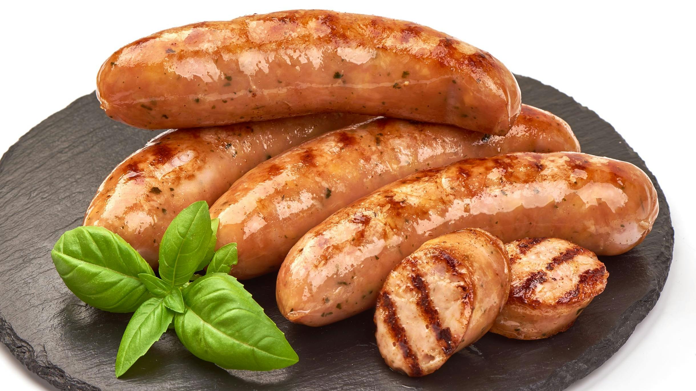 Grilled German Bratwurst Sausages, Isolated On White Background