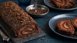 delicious chocolate roll cake with chocolate cream, dark blue background. selective focus delicious chocolate roll cake with chocolate cream, dark blue background. selective focus