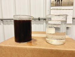 The water sourced from the abandoned coal mine (left) is treated to remove all contaminants, including iron and manganese, and used as potable water (right) for potato processing at Keystone Potato Products. The water sourced from the abandoned coal mine (left) is treated to remove all contaminants, including iron and manganese, and used as potable water (right) for potato processing at Keystone Potato Products.