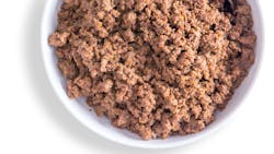 Bowl of freshly prepared savory ground or minced beef mixture for filling tortillas or tacos with a wooden spoon on a white background with copy space, overhead view Bowl of freshly prepared savory ground or minced beef mixture for filling tortillas or tacos with a wooden spoon on a white background with copy space, overhead view