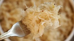 Homemade fermented cabbage or sauerkraut on a fork, top view Homemade fermented cabbage or sauerkraut on a fork, top view