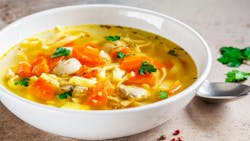 Chicken Noodle Soup With Parsley And Vegetables In A White Plate, Gray Background Chicken Noodle Soup With Parsley And Vegetables In A White Plate, Gray Background