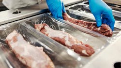Close Up Of Hands Packing Meat With Vacuum Heat Sealing Machine For Food Pack In Meat Factory Close Up Of Hands Packing Meat With Vacuum Heat Sealing Machine For Food Pack In Meat Factory