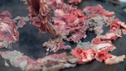 Red beef meat bbq fry Philadelphia cheesesteak beefsteak top round pan close-up Red beef meat bbq fry Philadelphia cheesesteak beefsteak top round pan close-up