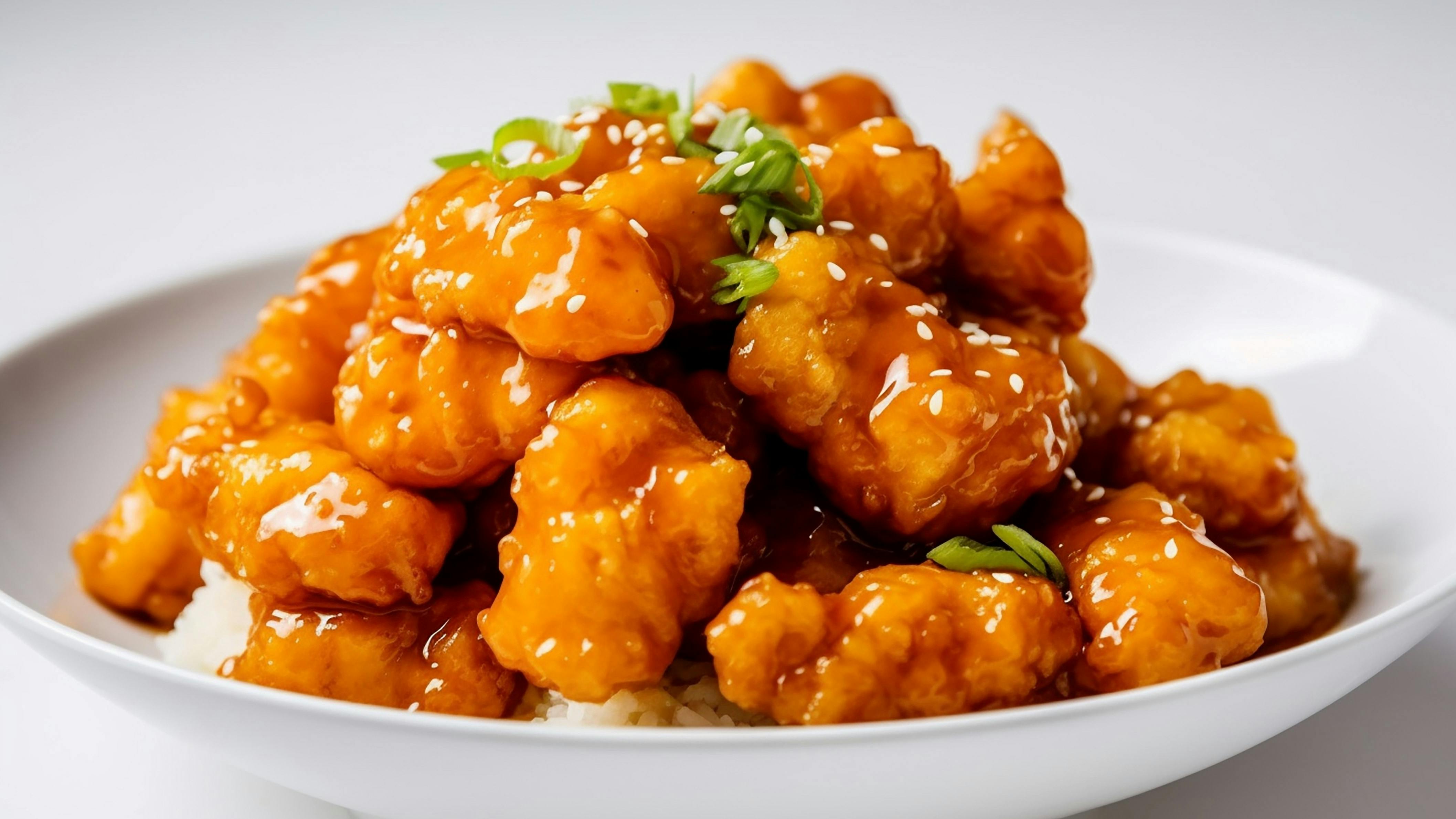 Close up shot of sesame orange chicken on a plate