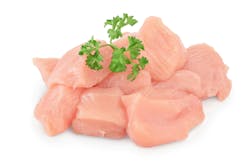 Fresh diced chicken fillet with parsley isolated on white background with clipping path and full depth of field. Fresh diced chicken fillet with parsley isolated on white background with clipping path and full depth of field.