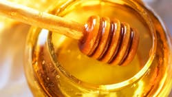 Honey dipper on the bee honeycomb background. Honey tidbit in glass jar and honeycombs wax. Honey dipper on the bee honeycomb background. Honey tidbit in glass jar and honeycombs wax.