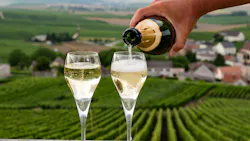 Tasting of brut and demi-sec white champagne sparkling wine from special flute glasses with view on green Champagne vineyards, France Tasting of brut and demi-sec white champagne sparkling wine from special flute glasses with view on green Champagne vineyards, France