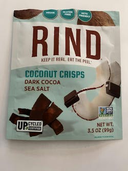 Rind's Coconut Crisps use more of the coconut by leaving the peel on. 'It's nutritious and delicious,' the package promises. Rind's Coconut Crisps use more of the coconut by leaving the peel on. 'It's nutritious and delicious,' the package promises.