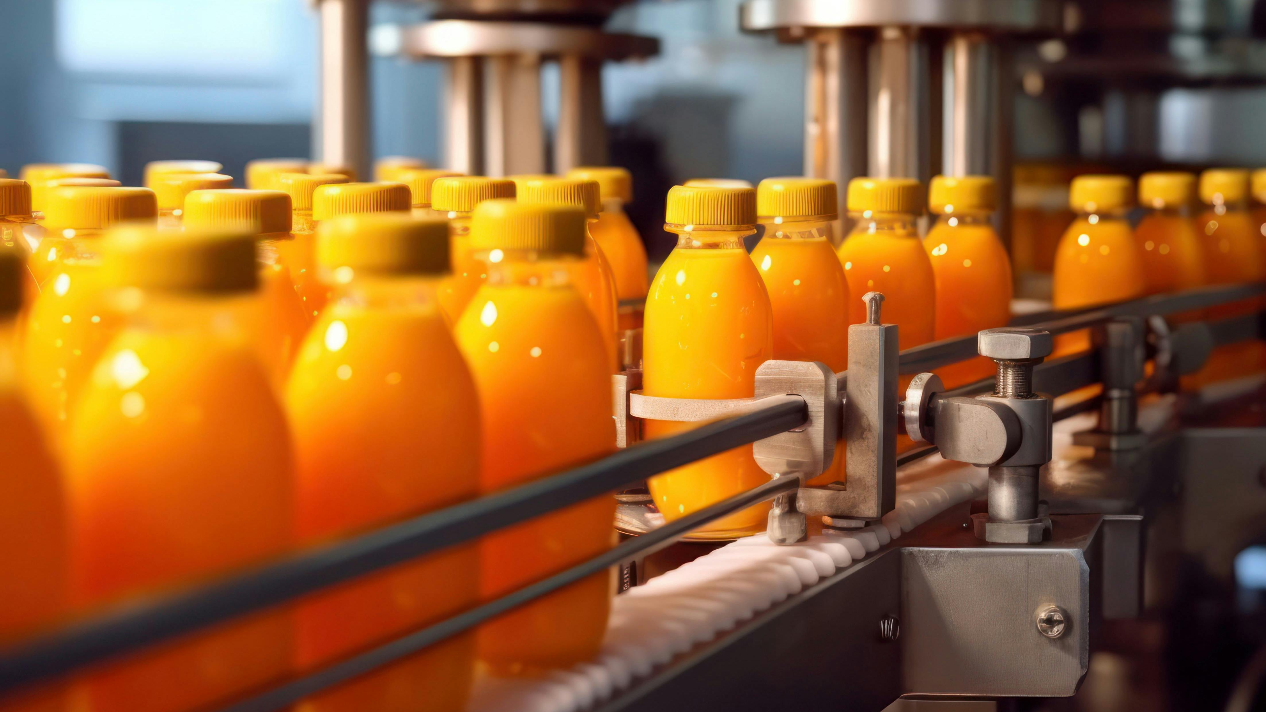 Orange juice factory. Robotic factory line for processing and bottling of orange juice bottles.