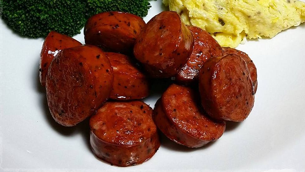 Kiolbassa organic beef sausage, chervil scrambled eggs, and broccoli