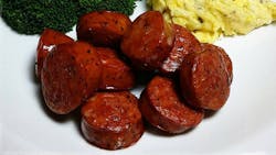 Kiolbassa organic beef sausage, chervil scrambled eggs, and broccoli Kiolbassa organic beef sausage, chervil scrambled eggs, and broccoli