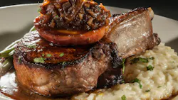 smoked pork chop. Niman ranch pork chop ,apple brandy, sauce. caramelized bacon jam leek and taleggio risotto smoked pork chop. Niman ranch pork chop ,apple brandy, sauce. caramelized bacon jam leek and taleggio risotto