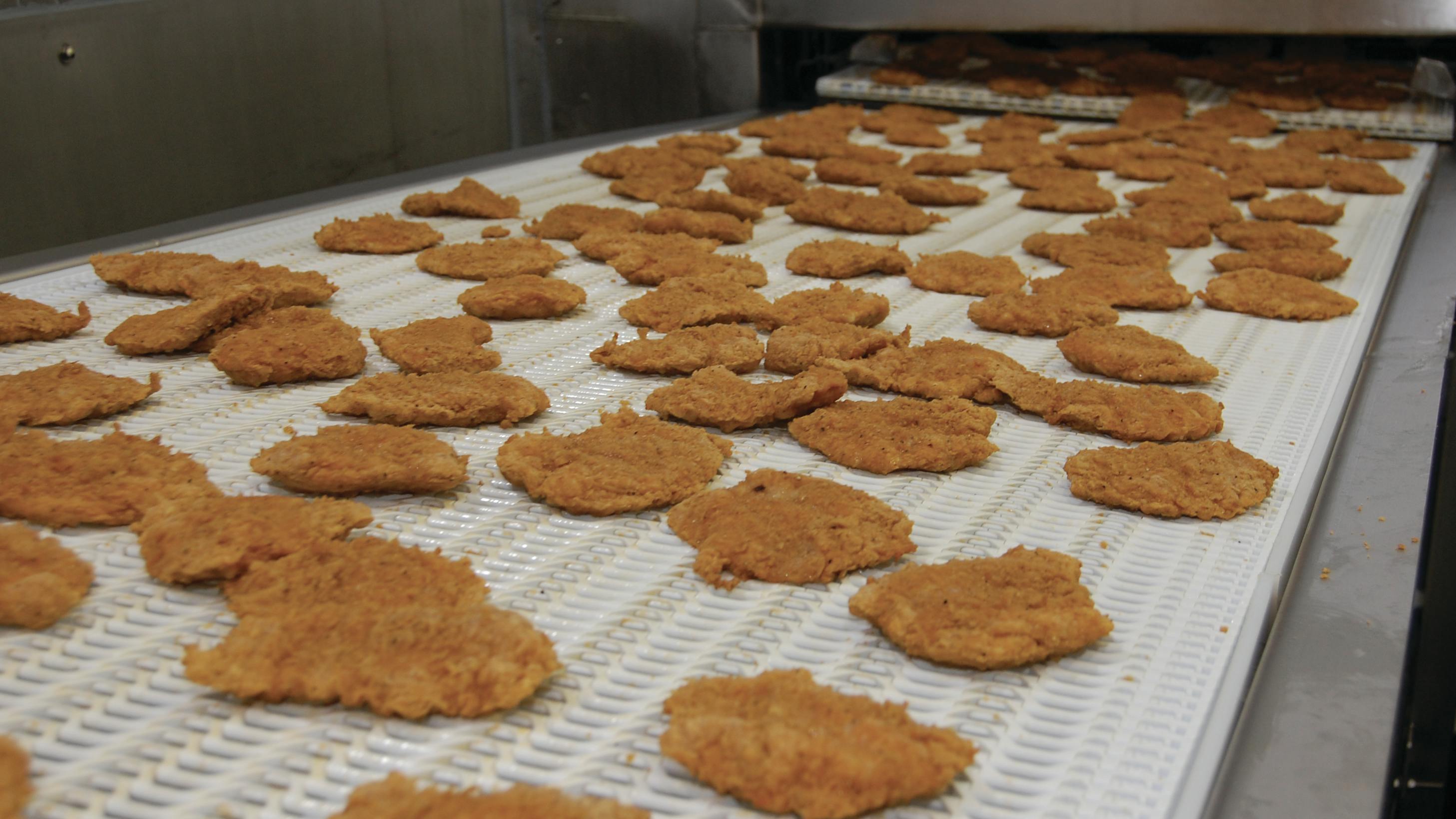 Breaded chicken products travel along a conveyor to be packed for a customer at Wayne-Sanderson Farms&rsquo; Decatur, Ala., prepared foods plant.