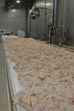 A constant flow of chicken wings makes its way down the wing line at the Decatur prepared foods plant. A constant flow of chicken wings makes its way down the wing line at the Decatur prepared foods plant.