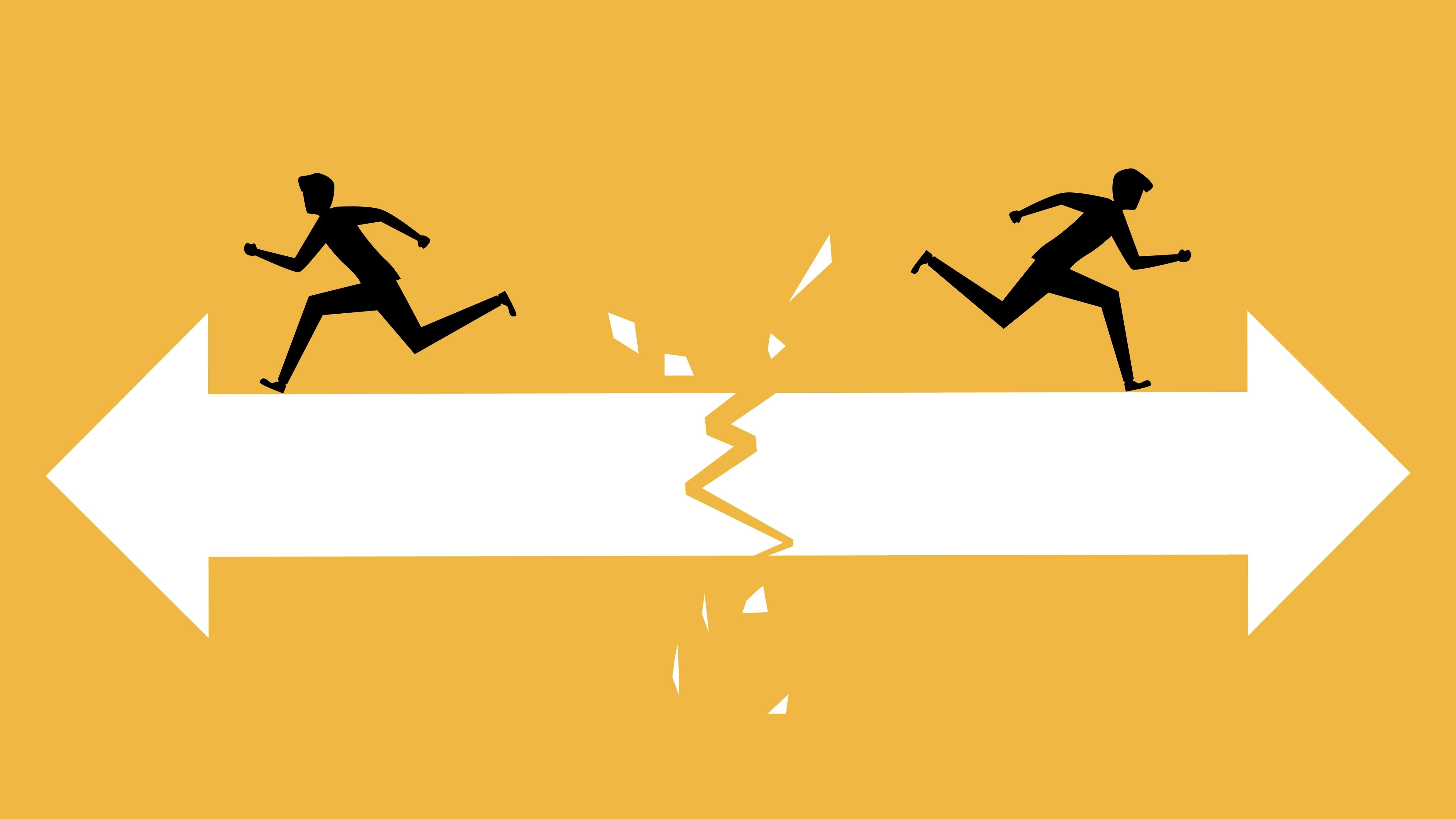 Two businessmen part ways as arrows point in opposite directions