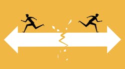 Two businessmen part ways as arrows point in opposite directions Two businessmen part ways as arrows point in opposite directions