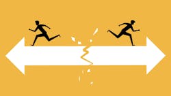 Two businessmen part ways as arrows point in opposite directions Two businessmen part ways as arrows point in opposite directions