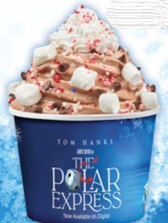 Sweetfrog yogurt shops are counting on the annual resurrection of the movie The Polar Express to market its Hot Chocolate Express frozen yogurt. Sweetfrog yogurt shops are counting on the annual resurrection of the movie The Polar Express to market its Hot Chocolate Express frozen yogurt.