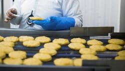 Breaded chicken production line in food factory automated conveyor belt system in industrial food processing plant Breaded chicken production line in food factory automated conveyor belt system in industrial food processing plant