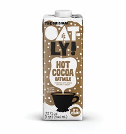 Oatly is a year-round maker of oatmilk products but this winter is trying out a hot cocoa version of its oatmilk. Oatly is a year-round maker of oatmilk products but this winter is trying out a hot cocoa version of its oatmilk.