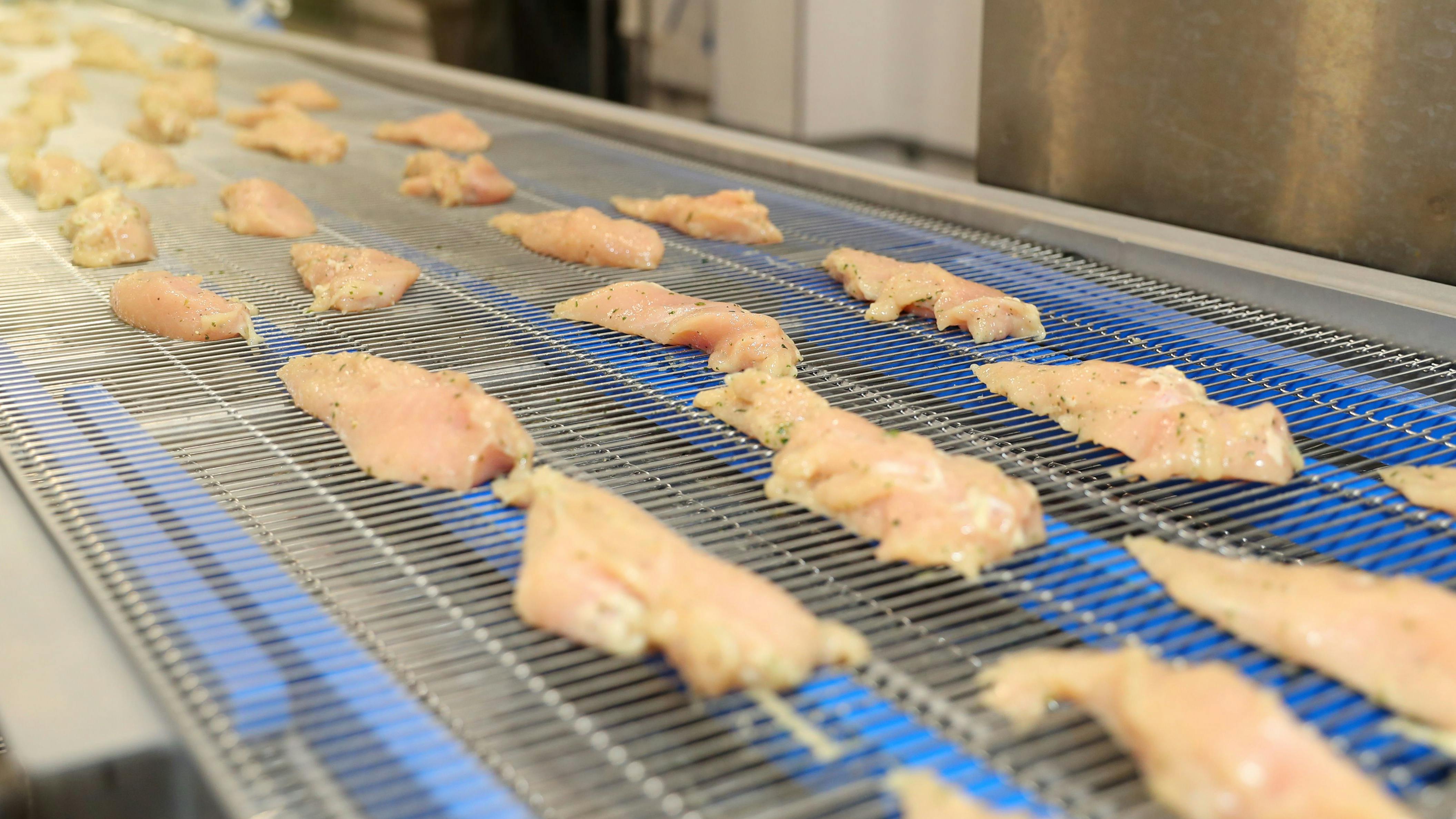 Chicken fillet production line . Factory for the production of food from meat