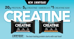 JimmyBar! Functional Protein Creatine protein bar in double fudge brownie and chocolate peanut butter flavors JimmyBar! Functional Protein Creatine protein bar in double fudge brownie and chocolate peanut butter flavors