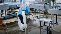 plant worker power spraying production line conveyor belt to sanitize equipment plant worker power spraying production line conveyor belt to sanitize equipment