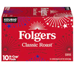 Box of Folgers classic roast K-Cup pods for Keurig in patriotic packaging for America250 celebration