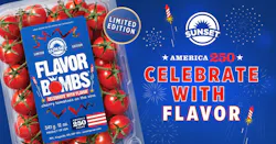 Sunset tomatos flavor bombs with America 250 packaging