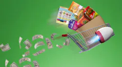 A rocket booster next to grocery cart filled with food with a trail of money following it