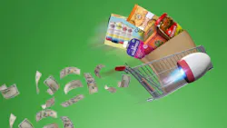 A rocket booster next to grocery cart filled with food with a trail of money following it