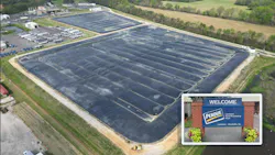 Aerial view of Perdue Farms Lewiston plant with Perdue welcome sign overlay