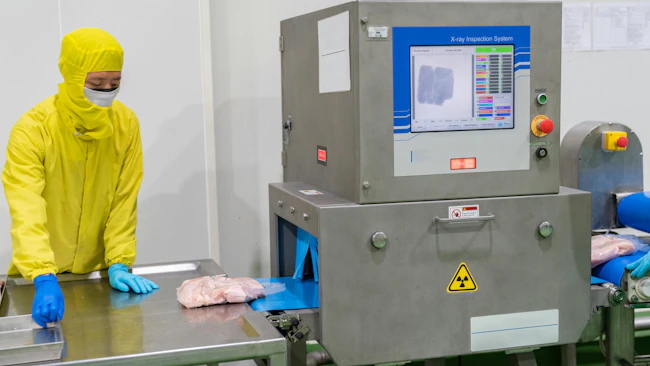 worker stands in PPE at conveying line with X-ray and metal detection equipment in a meat processing plant