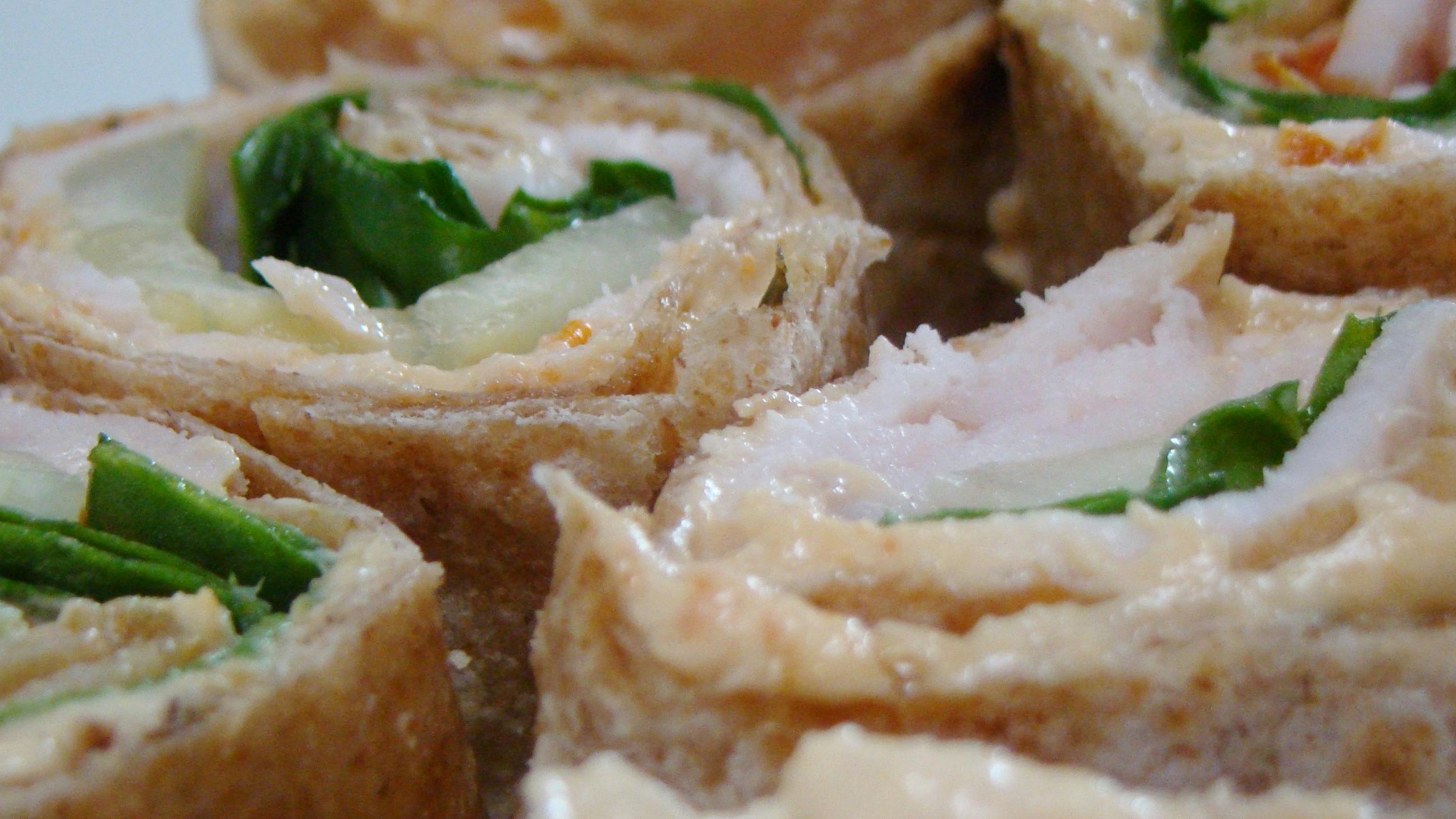 'Sun Dried Tomato Hummus, Cucumber and Yves Veggie Bologna Pinwheels'