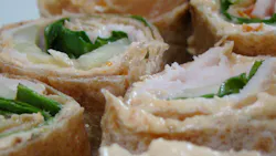 'Sun Dried Tomato Hummus, Cucumber and Yves Veggie Bologna Pinwheels'